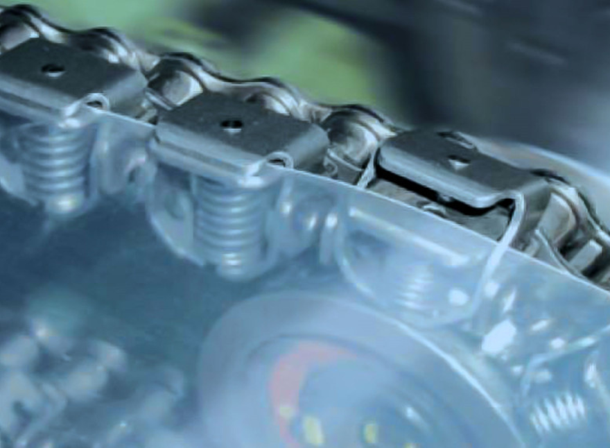 Xích gắn tay gá lò xo gripper chain tsubaki, xích đóng màng thực phẩm