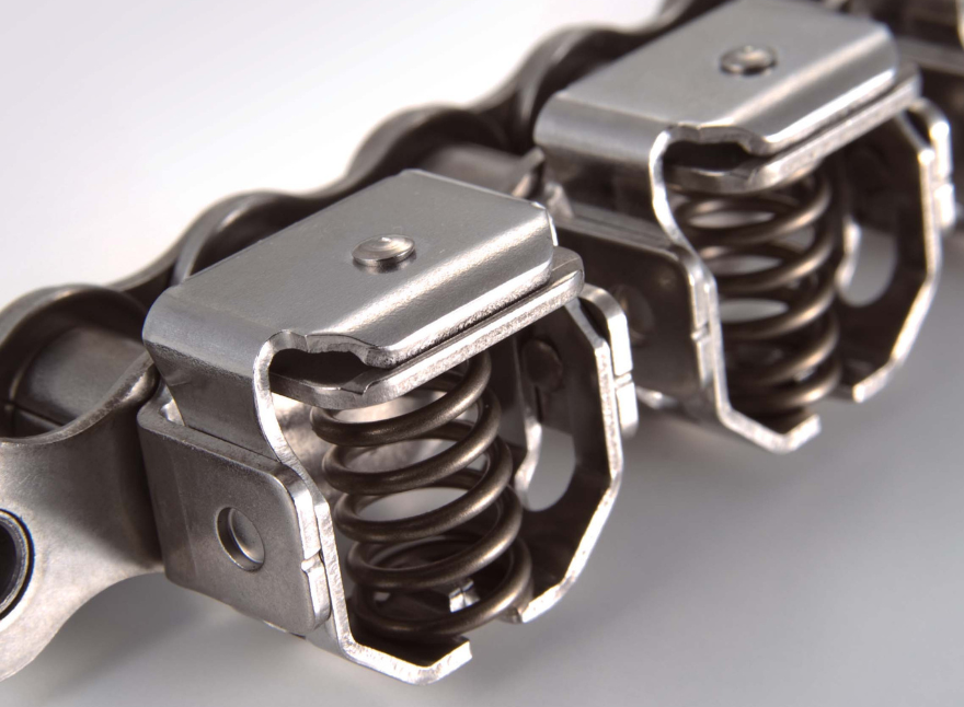 Xích gắn tay gá lò xo gripper chain tsubaki, xích đóng màng thực phẩm