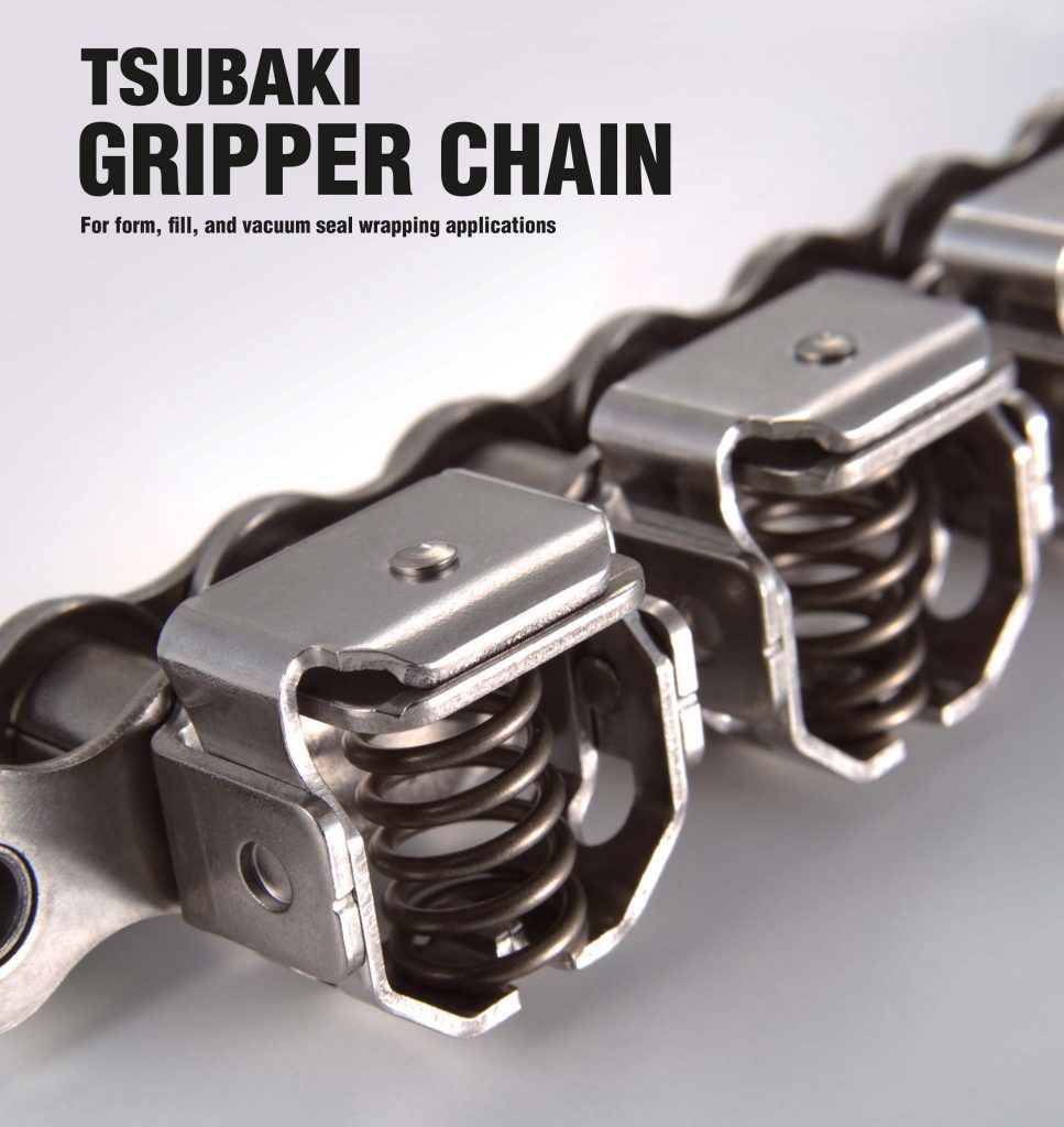 Xích gắn tay gá lò xo gripper chain tsubaki, xích đóng màng thực phẩm