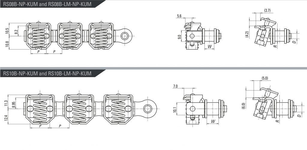 thông số Xích gắn tay gá lò xo gripper chain tsubaki, xích đóng màng thực phẩm