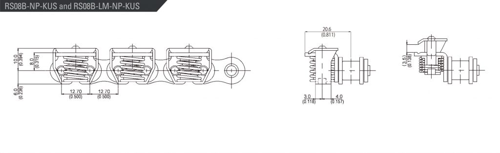 thông số Xích gắn tay gá lò xo gripper chain tsubaki, xích đóng màng thực phẩm